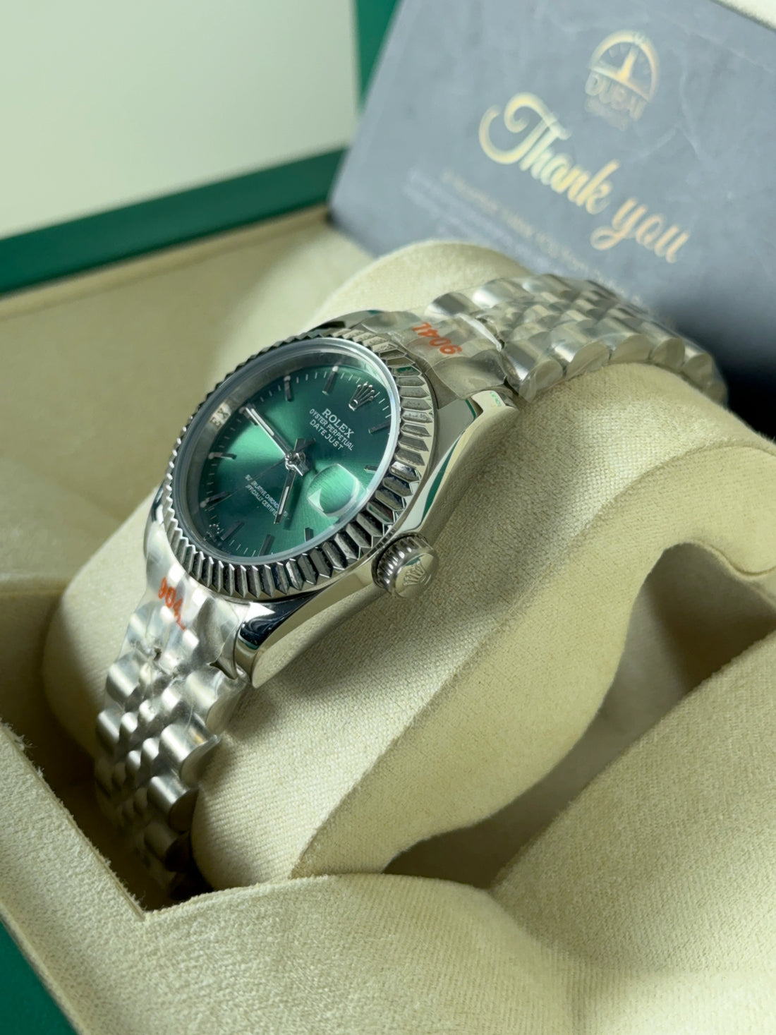Rolex Lady Datejust 31 Green Sunburst Fluted Bezel Stainless Steel Jubilee Automatic