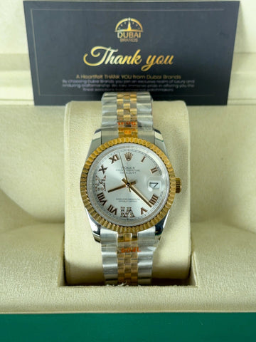 Rolex Datejust 31 Two Tone Chocolate Dial Roman Numerals Diamond VI Fluted Bezel Jubilee Bracelet