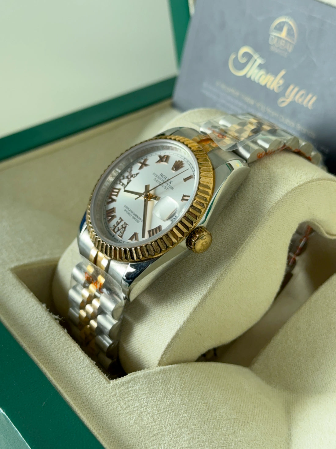 Rolex Datejust 31 Two Tone Chocolate Dial Roman Numerals Diamond VI Fluted Bezel Jubilee Bracelet