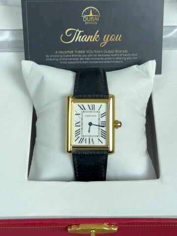 Cartier Tank Solo Medium Yellow Gold White Dial Roman Numerals Black Leather Strap