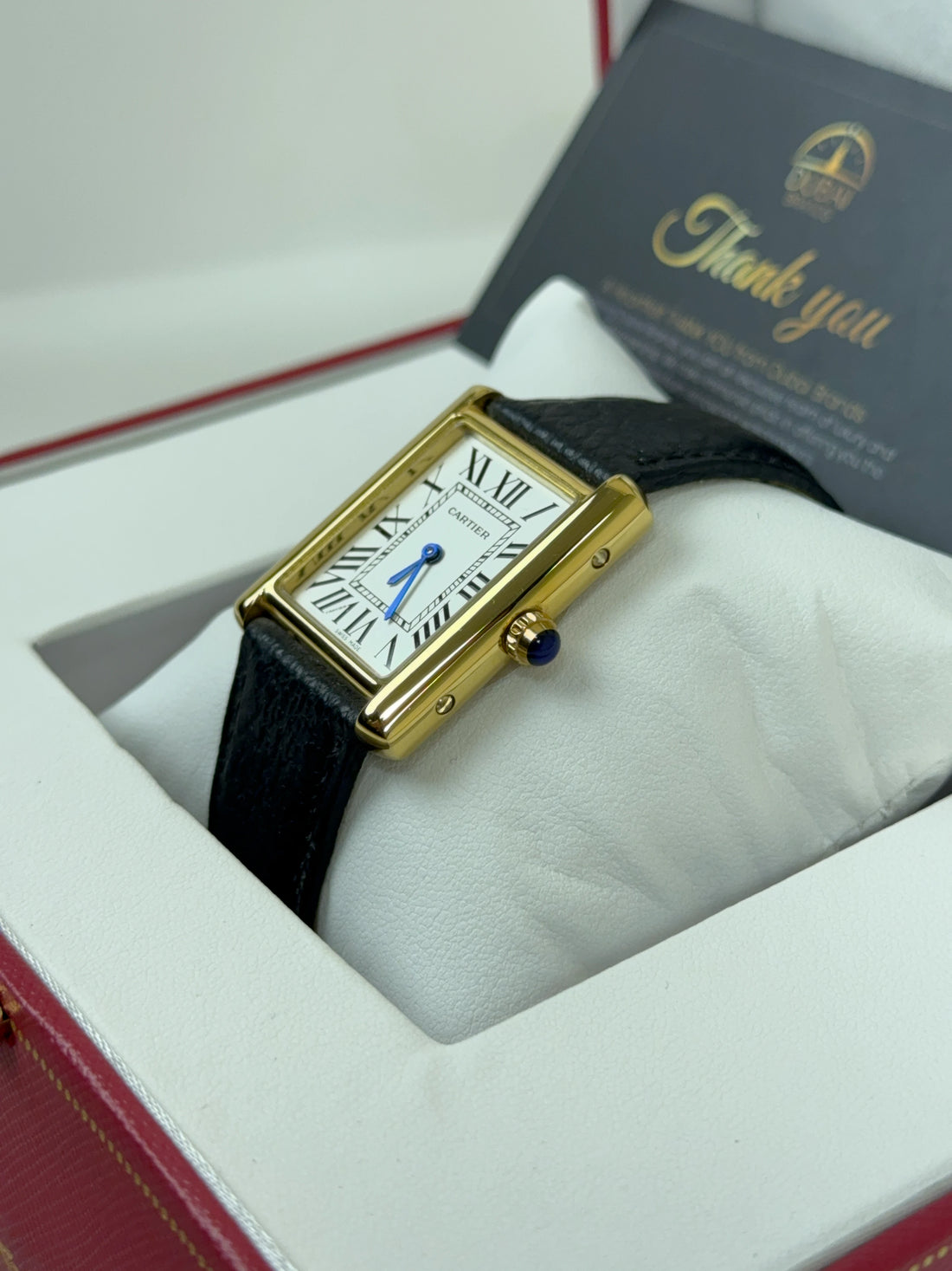 Cartier Tank Solo Medium Yellow Gold White Dial Roman Numerals Black Leather Strap