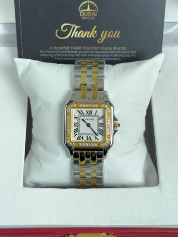 Cartier Panthère Medium Two Tone Yellow Gold Stainless Steel White Dial Roman Numerals Bracelet