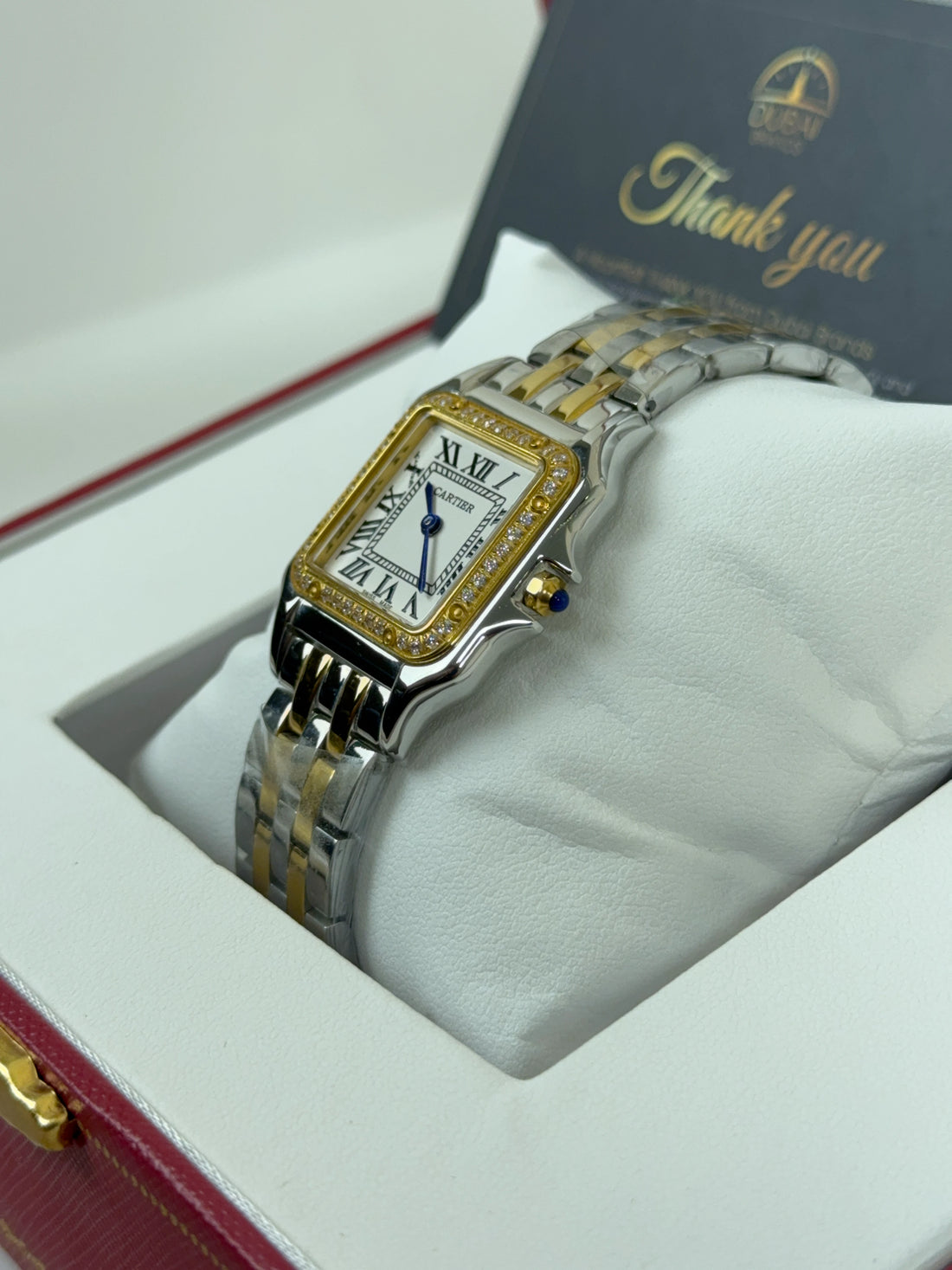 Cartier Panthère Medium Two Tone Yellow Gold Stainless Steel White Dial Roman Numerals Bracelet