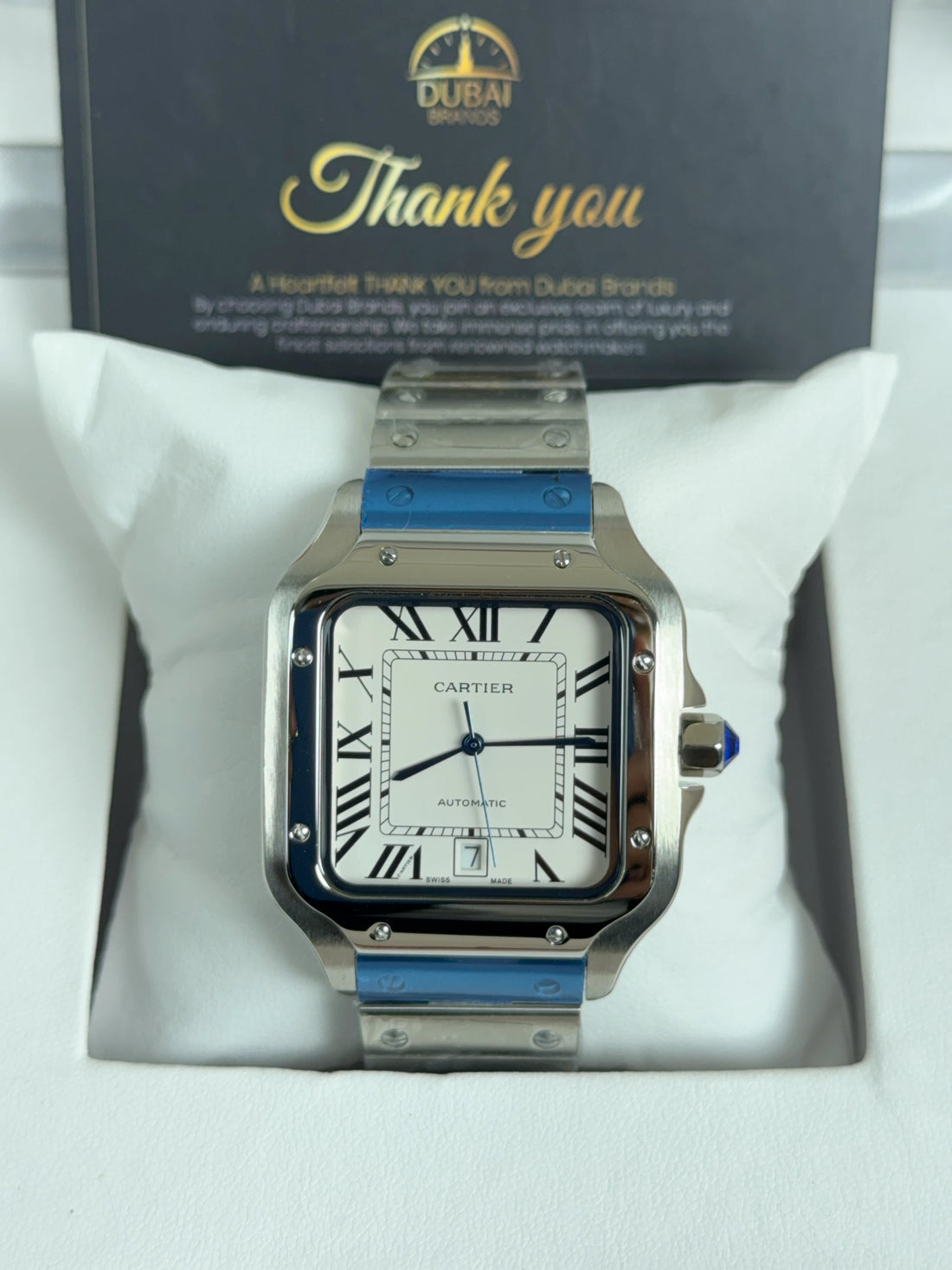Cartier Santos Large Stainless Steel White Dial Automatic Screw Bezel Steel Bracelet