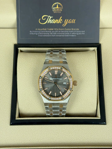 Audemars Piguet Royal Oak Style Grey Tapisserie Diamond Bezel Rose Gold Automatic