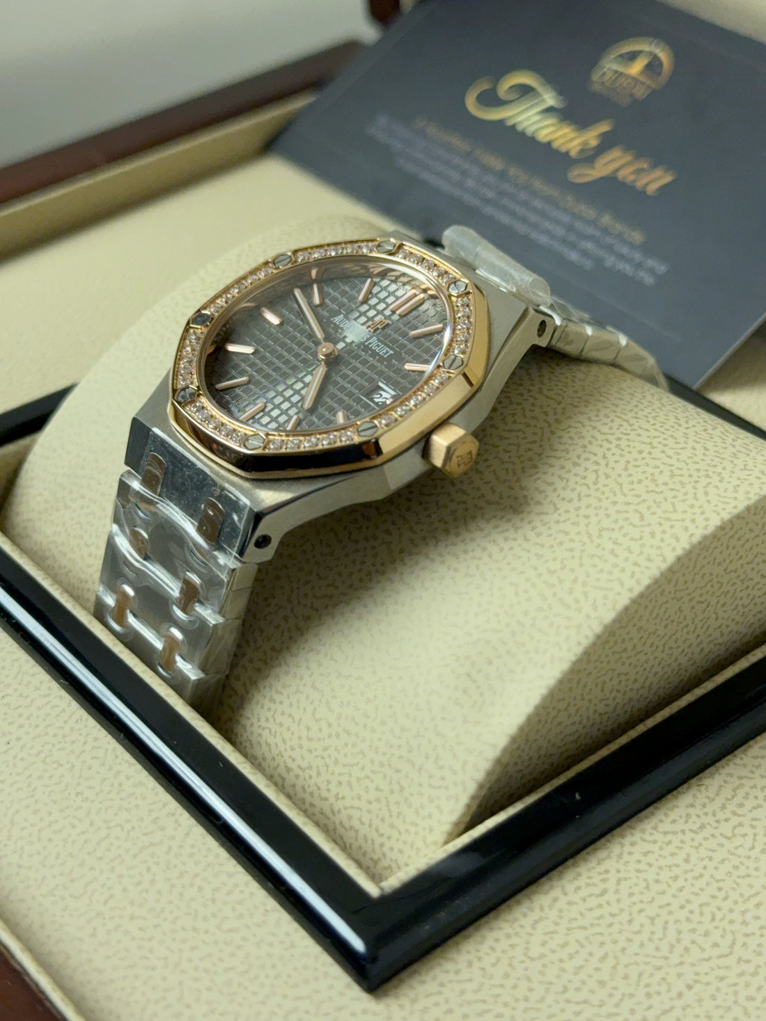 Audemars Piguet Royal Oak Style Grey Tapisserie Diamond Bezel Rose Gold Automatic