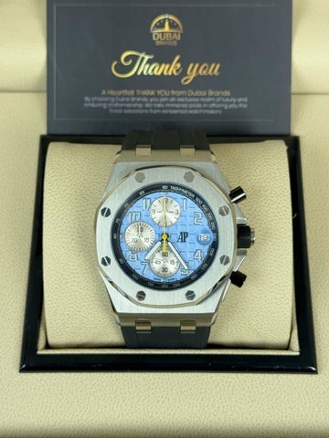 Audemars Piguet Royal Oak Offshore Chronograph 42 Stainless Steel Ice Blue Dial White Subdials Tachymeter Bezel Rubber Strap