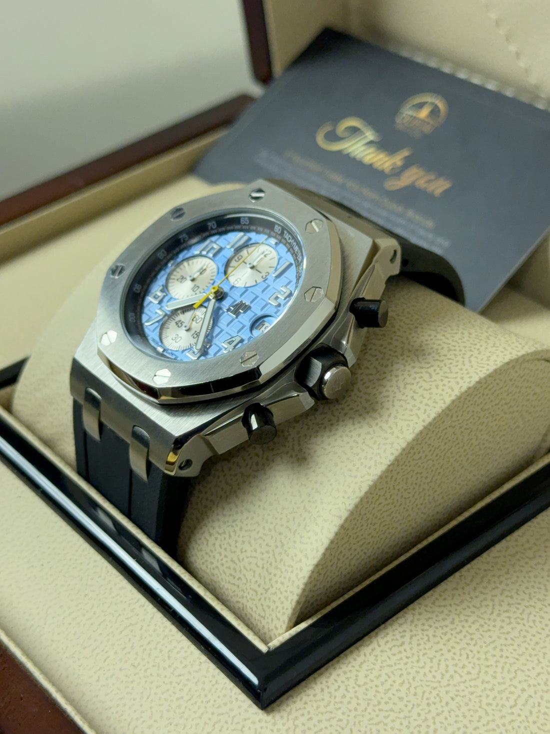Audemars Piguet Royal Oak Offshore Chronograph 42 Stainless Steel Ice Blue Dial White Subdials Tachymeter Bezel Rubber Strap