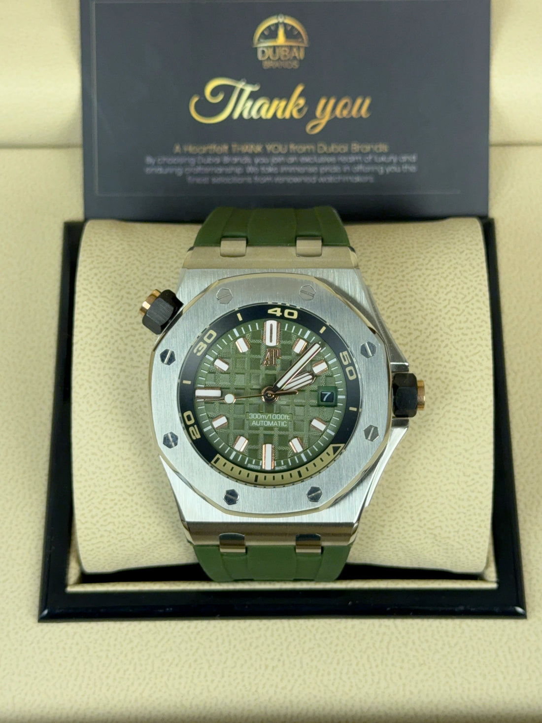 Audemars Piguet Royal Oak Offshore Diver 42 Stainless Steel Green Dial Smooth Bezel Rubber Strap