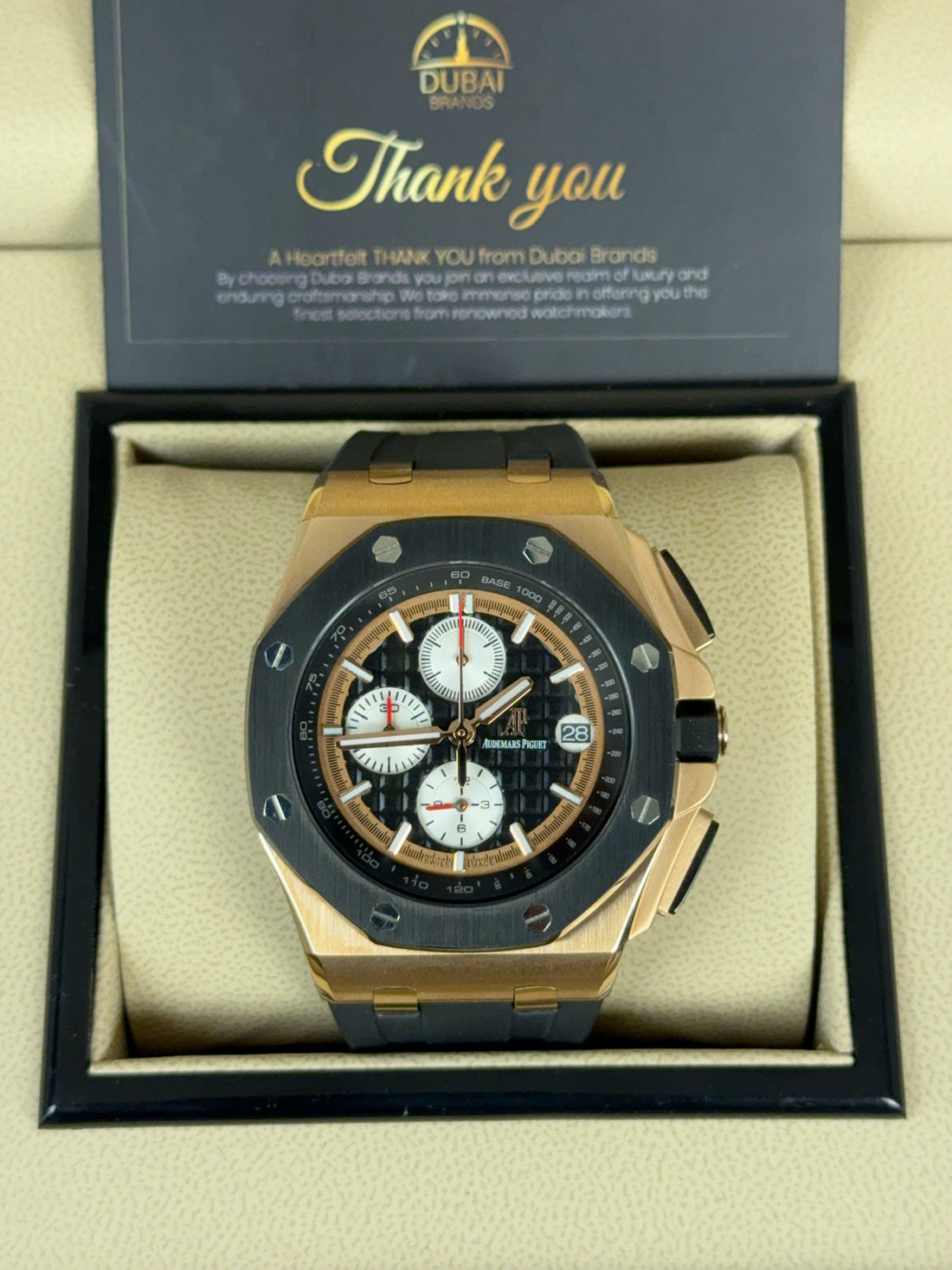 Audemars Piguet Royal Oak Offshore Chronograph Rose Gold Black Ceramic Bezel Black Dial Black Rubber Strap