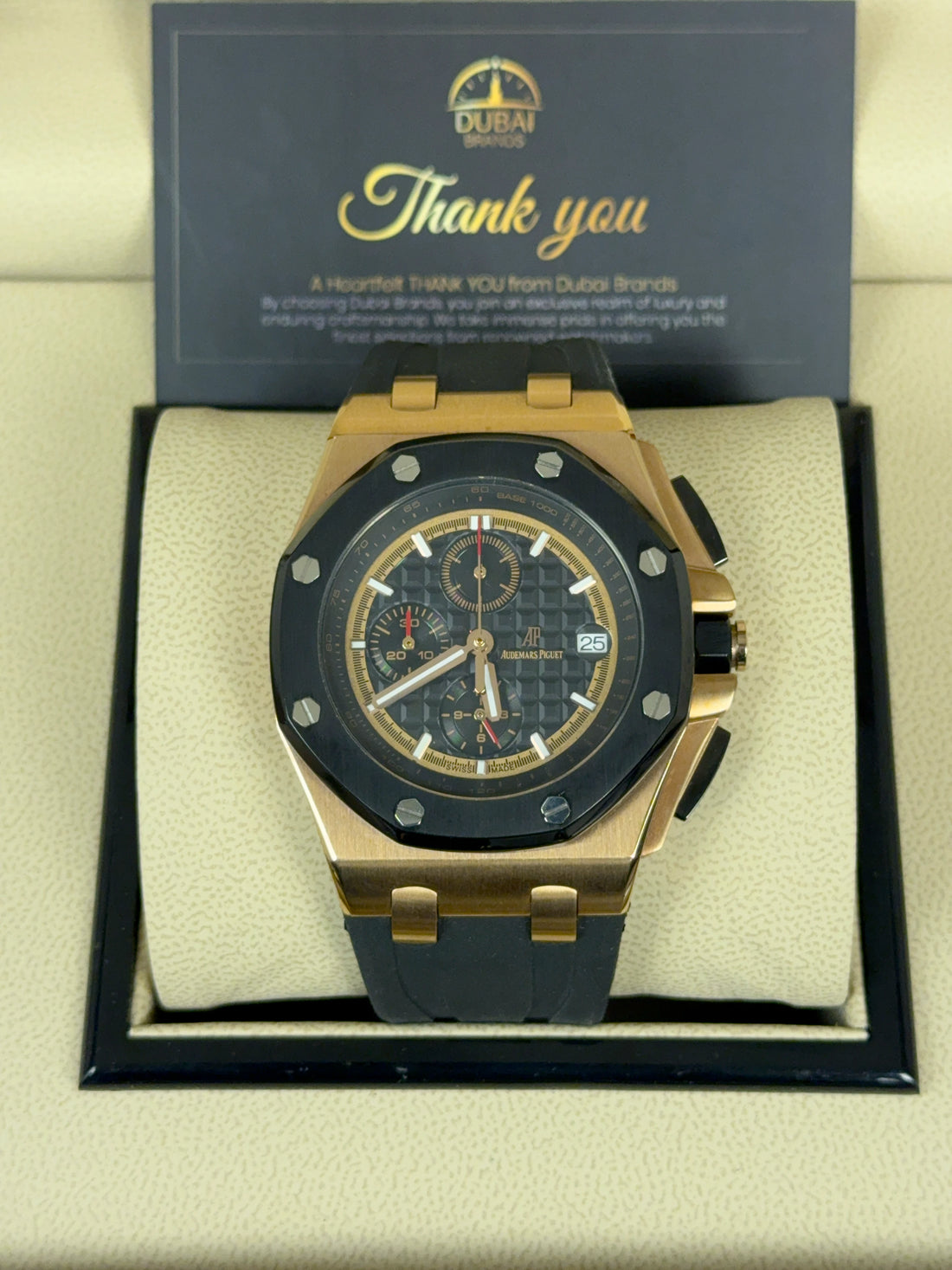 Audemars Piguet Royal Oak Offshore Chronograph 44 Rose Gold Black Dial Gold Subdials Ceramic Bezel Rubber Strap