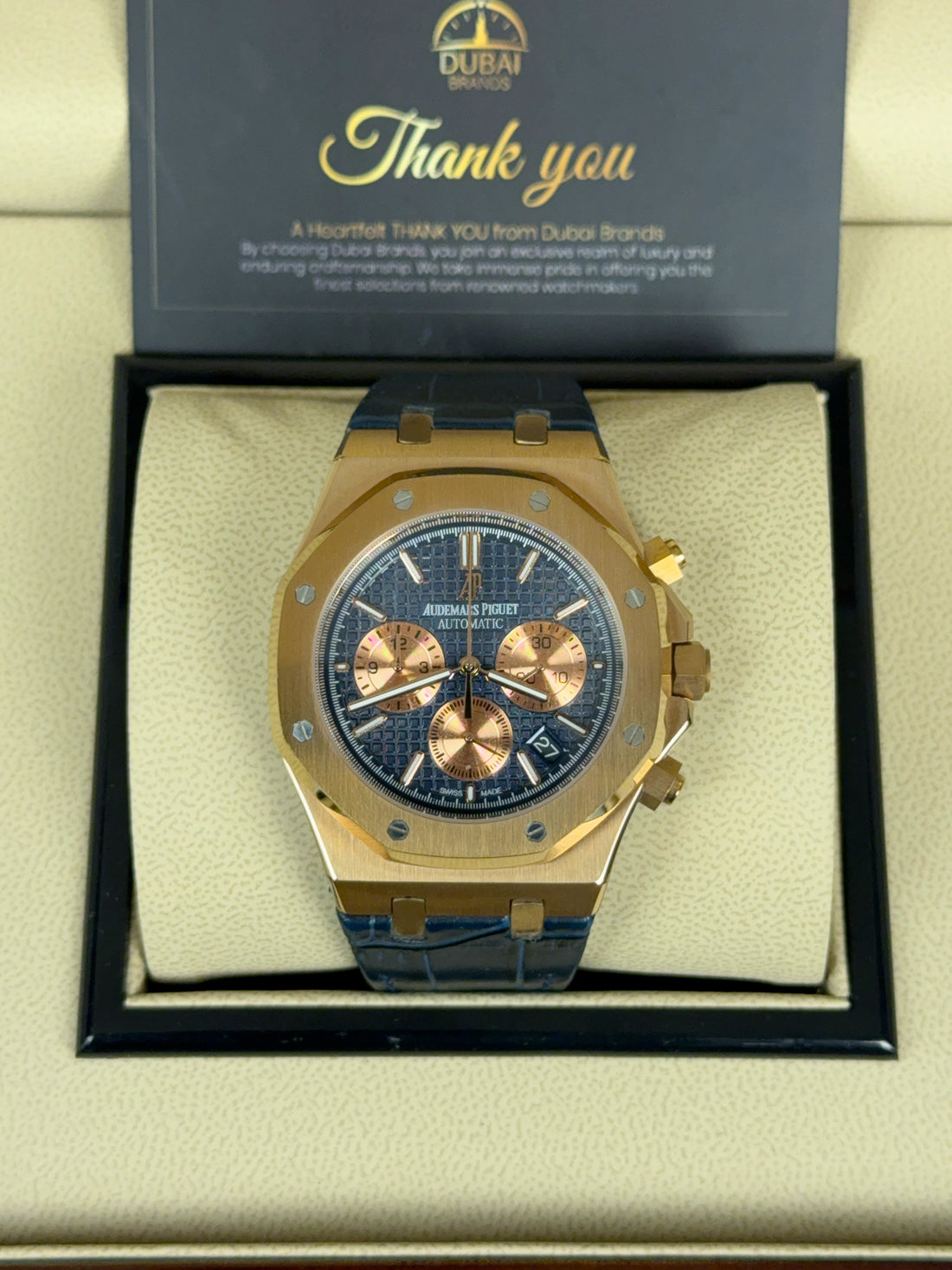 Audemars Piguet Royal Oak Chronograph 41 Rose Gold Blue Dial Gold Subdials Smooth Bezel Leather Strap