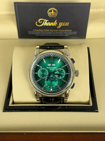 Patek Philippe Perpetual Calendar Chronograph 40mm Green Dial Stainless Steel Black Leather Strap