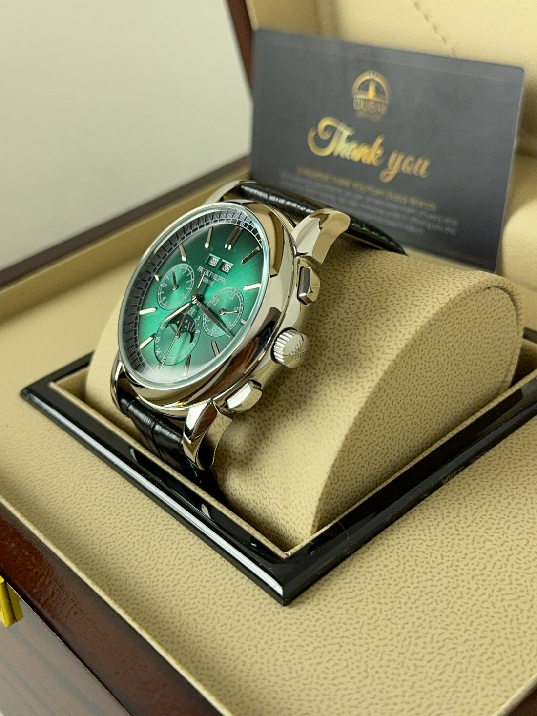 Patek Philippe Perpetual Calendar Chronograph 40mm Green Dial Stainless Steel Black Leather Strap