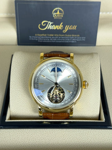 Patek Philippe Tourbillon Moonphase 42mm Silver Dial Gold Case Brown Leather Strap