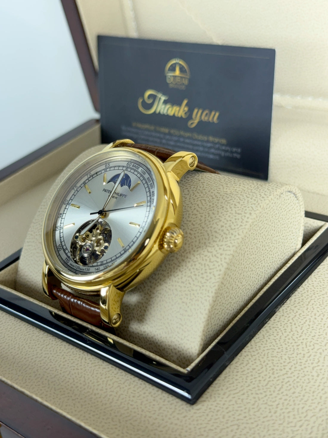 Patek Philippe Tourbillon Moonphase 42mm Silver Dial Gold Case Brown Leather Strap