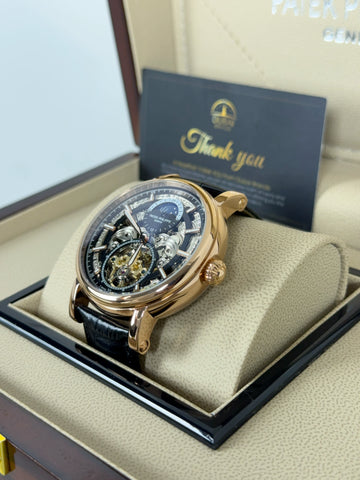 Patek Philippe Skeleton Tourbillon 42mm Black Dial Gold Case Black Leather Strap