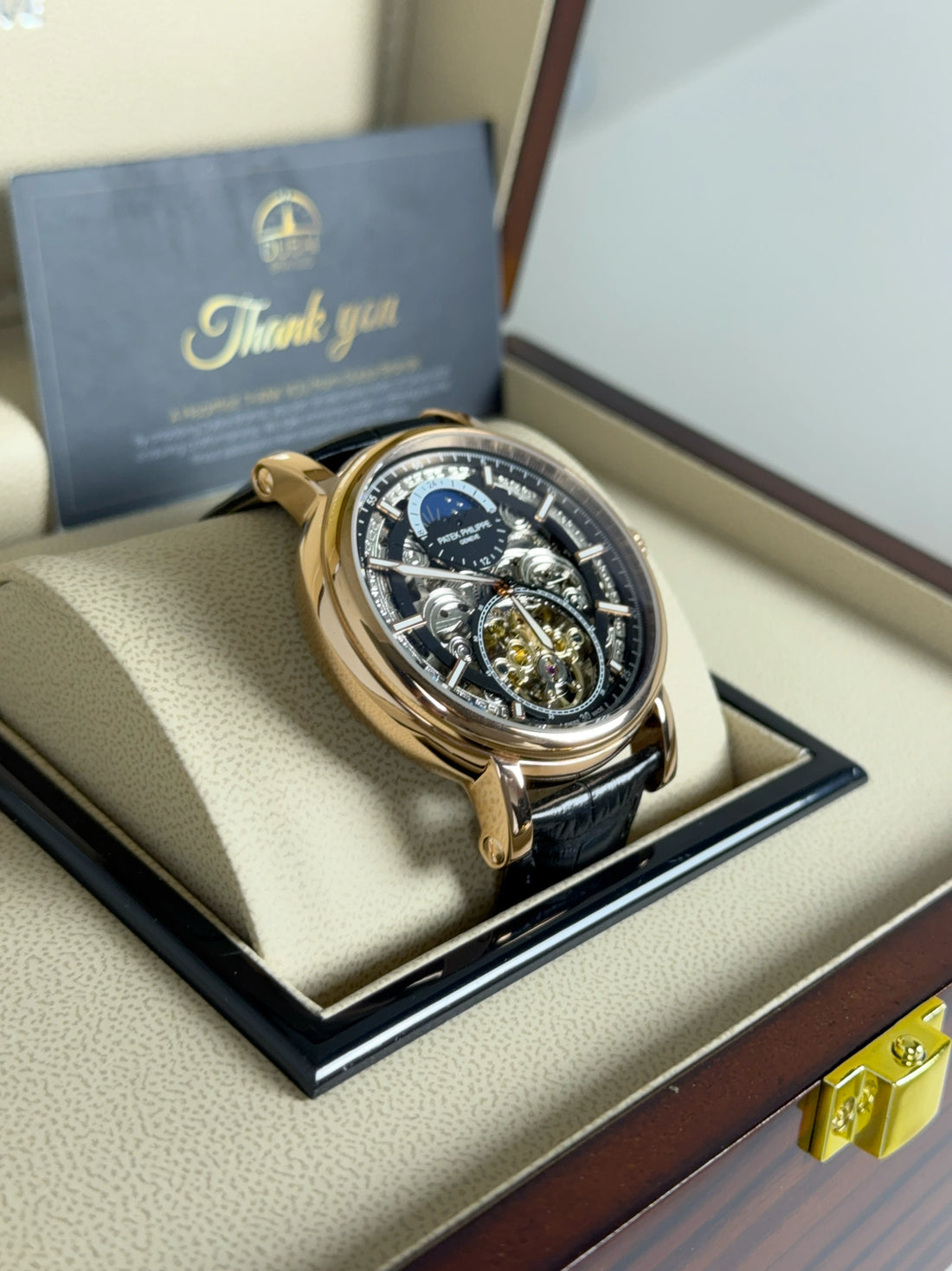 Patek Philippe Skeleton Tourbillon 42mm Black Dial Gold Case Black Leather Strap