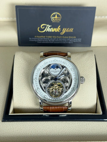 Patek Philippe Skeleton Tourbillon 42mm White Dial Stainless Steel Case Brown Leather Strap