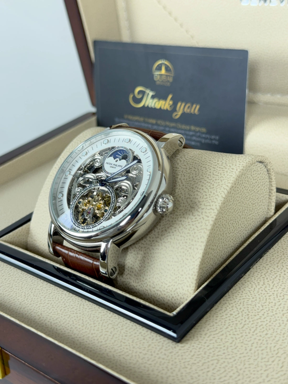 Patek Philippe Skeleton Tourbillon 42mm White Dial Stainless Steel Case Brown Leather Strap