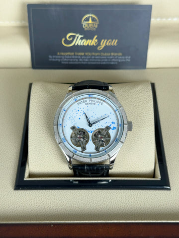 Patek Philippe Double Balance Open Heart 42mm White Dial Stainless Steel Case Black Leather Strap