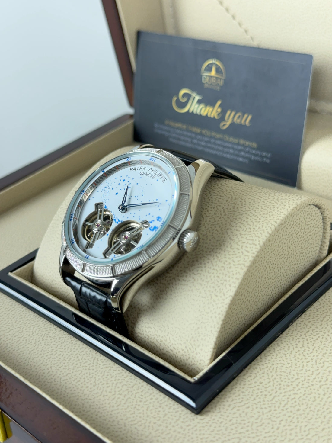Patek Philippe Double Balance Open Heart 42mm White Dial Stainless Steel Case Black Leather Strap