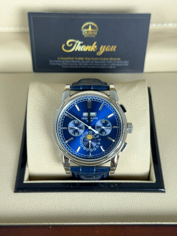 Patek Philippe Perpetual Calendar Chronograph 40mm Blue Dial Stainless Steel Blue Leather Strap