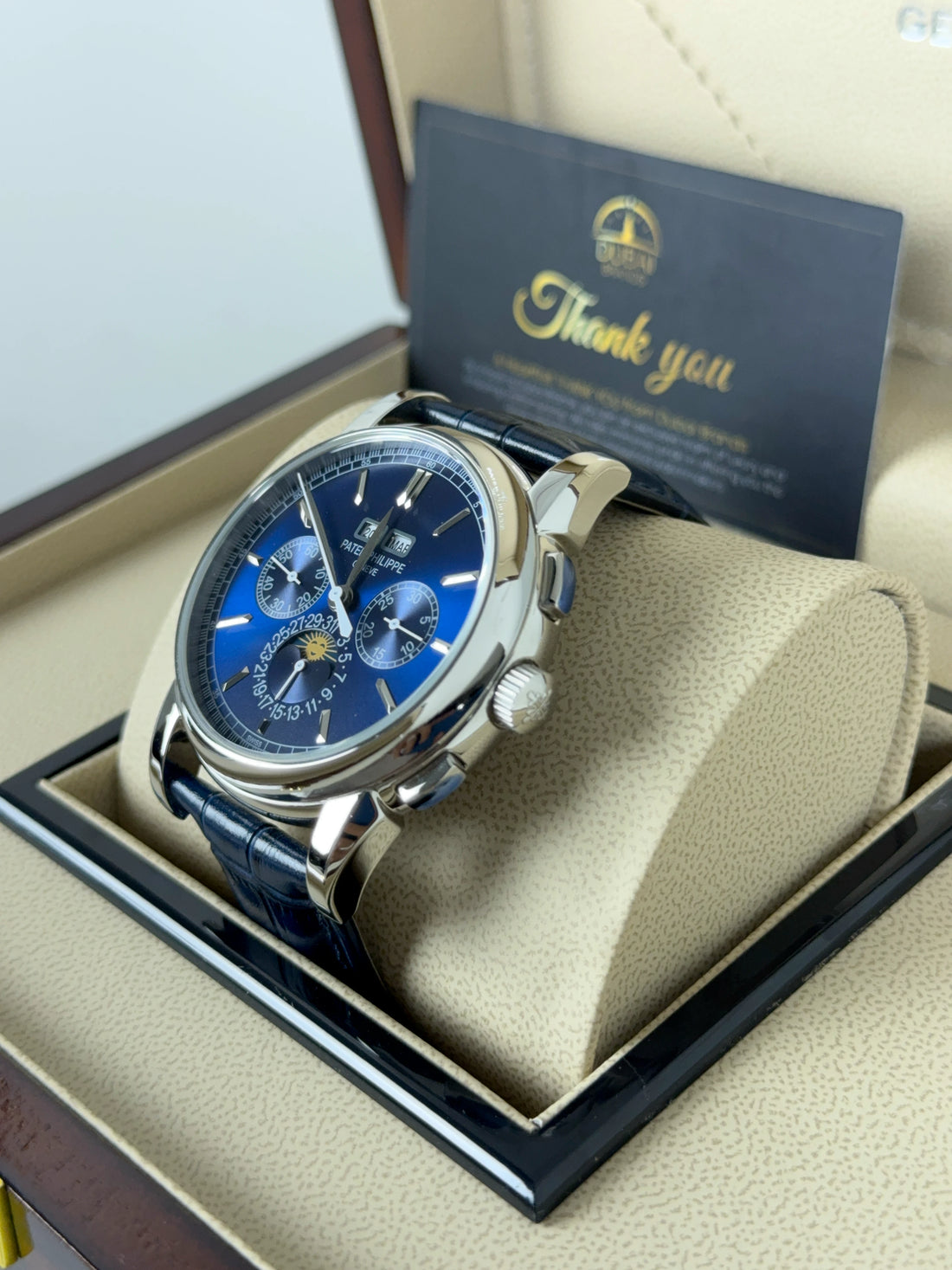 Patek Philippe Perpetual Calendar Chronograph 40mm Blue Dial Stainless Steel Blue Leather Strap