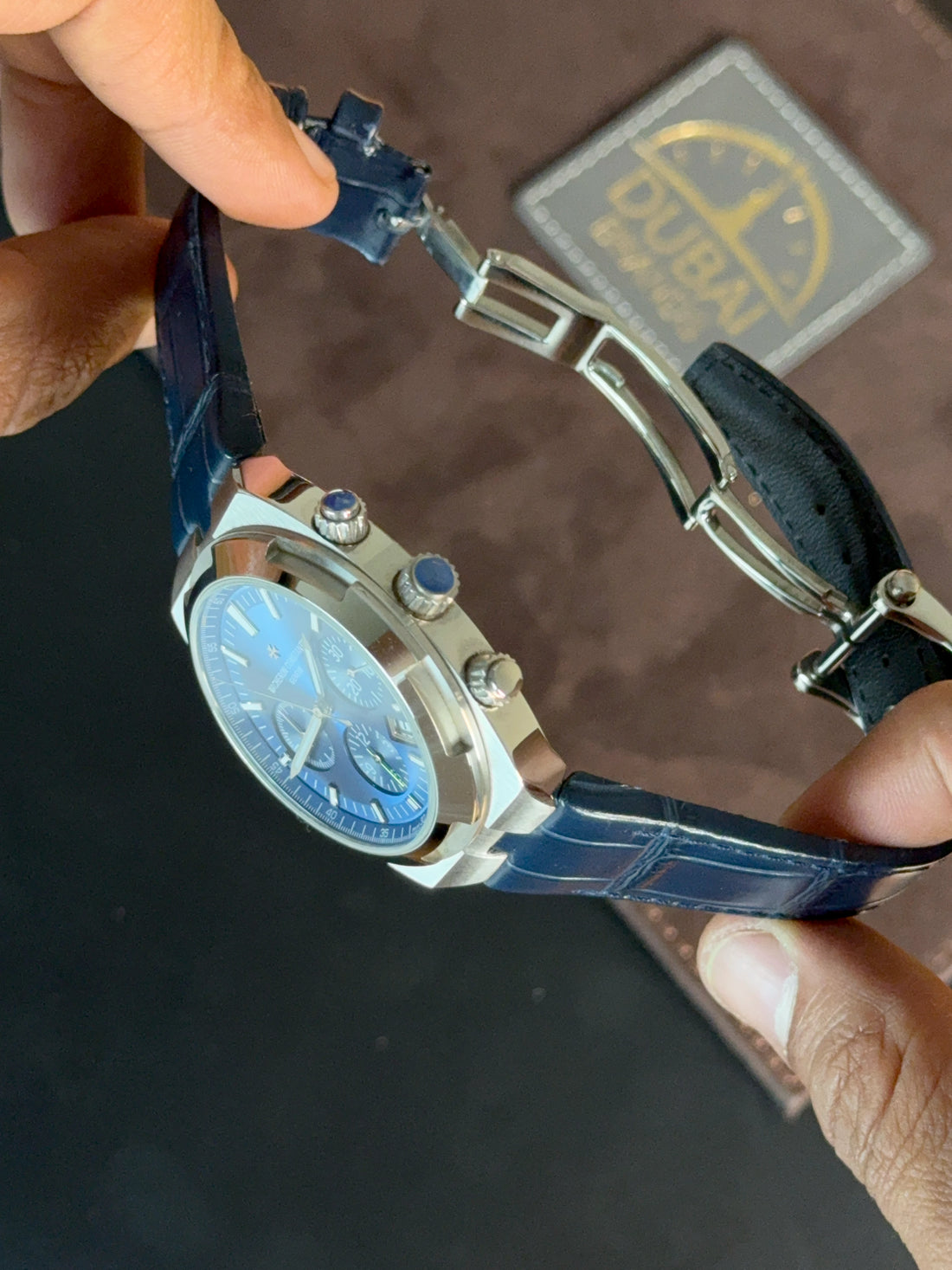 Vacheron Constantin Overseas Chronograph 42mm Blue Dial Stainless Steel Case Blue Leather Strap