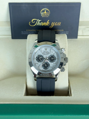 Rolex Daytona 40mm Ice Dial Black Subdials Silver Bezel Oysterflex Strap