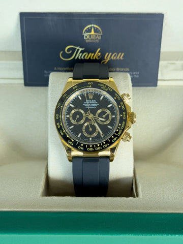 Rolex Daytona 40mm Yellow Gold Black Dial Black Ceramic Bezel Oysterflex Strap