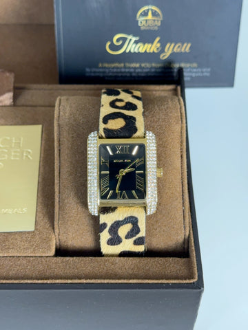 Michael Kors MK7387 Rectangular Black Dial Gold Tone Crystal Case Leopard Strap