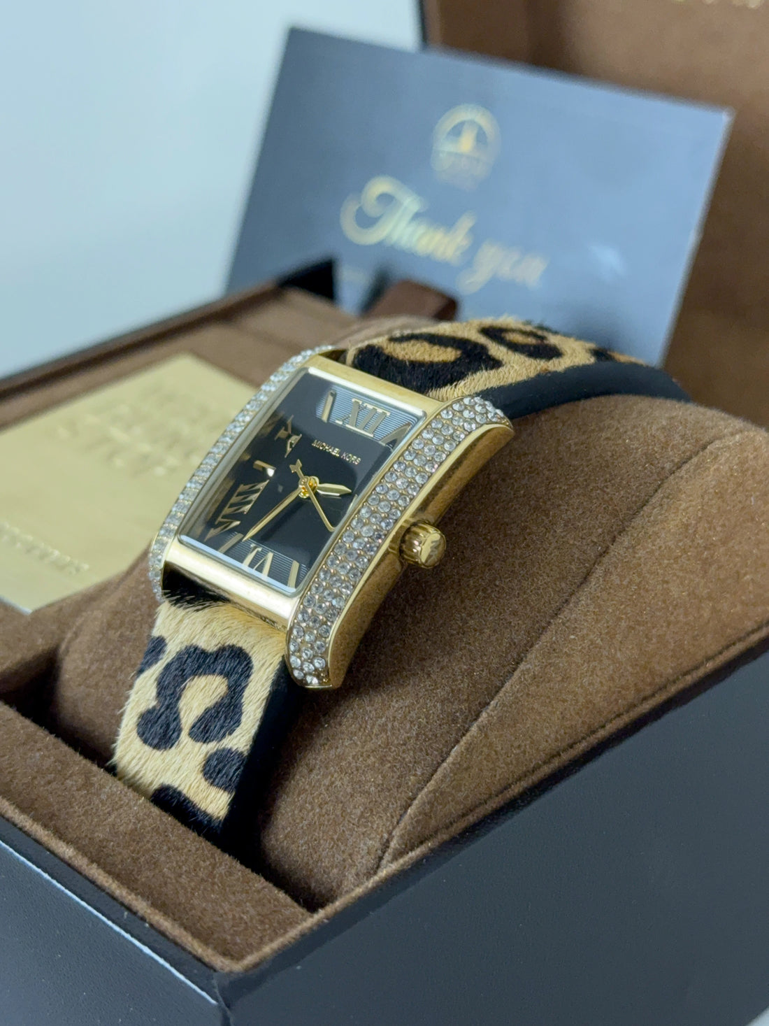 Michael Kors MK7387 Rectangular Black Dial Gold Tone Crystal Case Leopard Strap