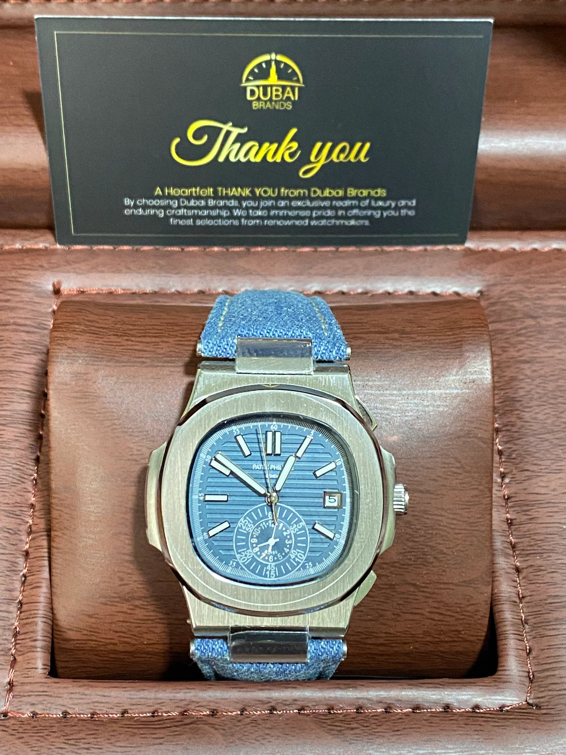 Patek Philippe Nautilus Chronograph Stainless Steel Blue Dial Horizontal Embossed Dial Denim Strap