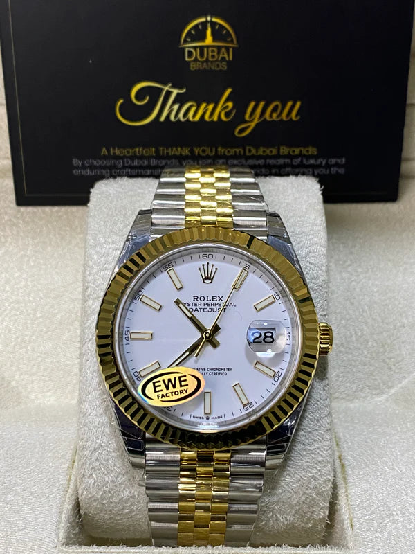 SC Rolex Datejust 41 Two Tone Yellow Gold White Dial Jubilee Fluted
