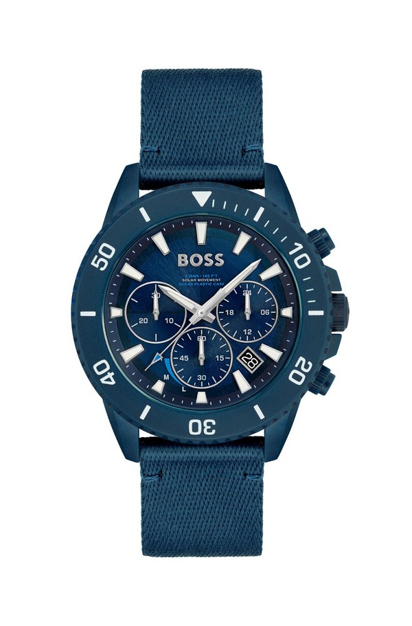 Blue-dial chronograph watch with fabric strap