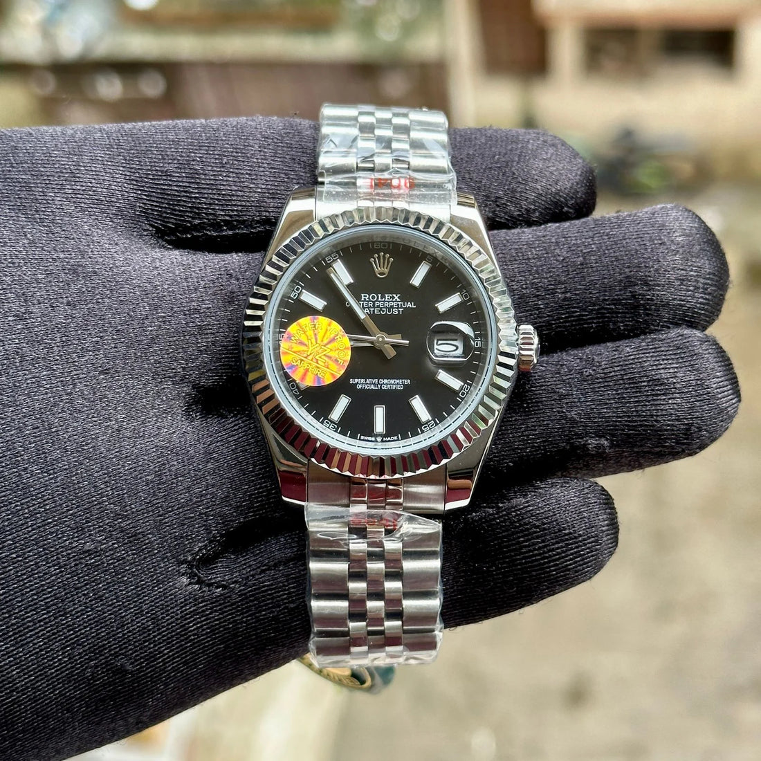 Rolex DateJust Silver-Black Jubilee Fluted Bezel