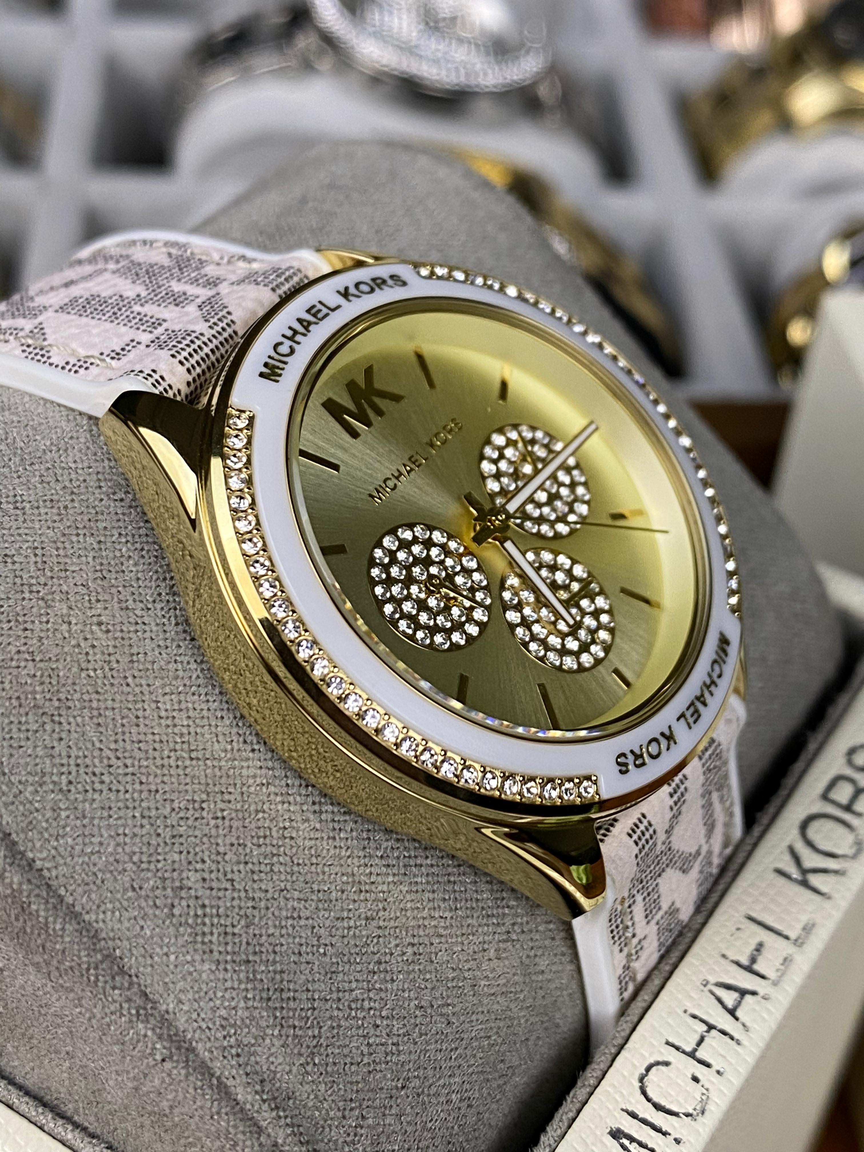 Michael Kors – Gold Dial with Crystal Subdials – White MK Logo Strap –