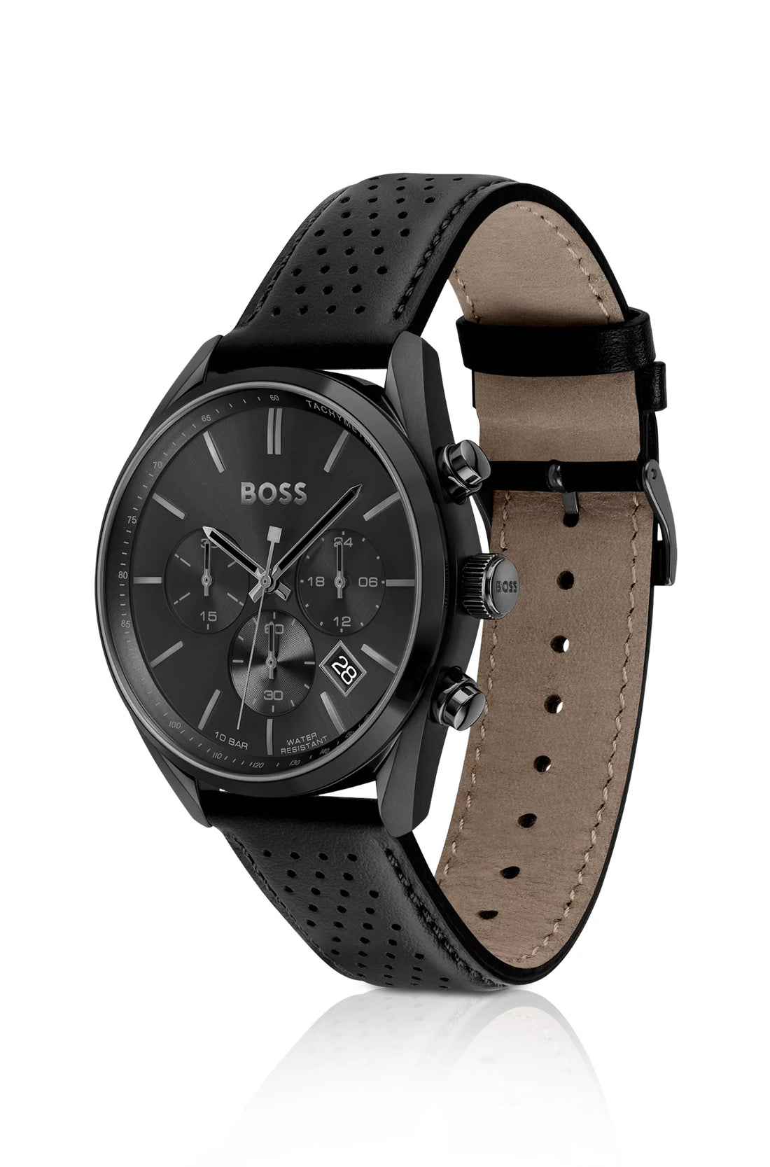 Black-plated chronograph watch with perforated leather strap