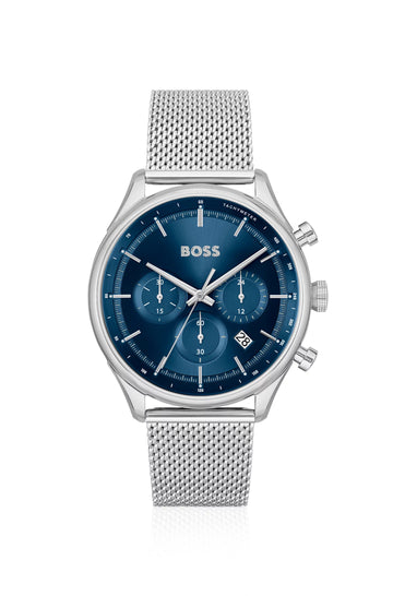 Blue-dial chronograph watch with mesh bracelet