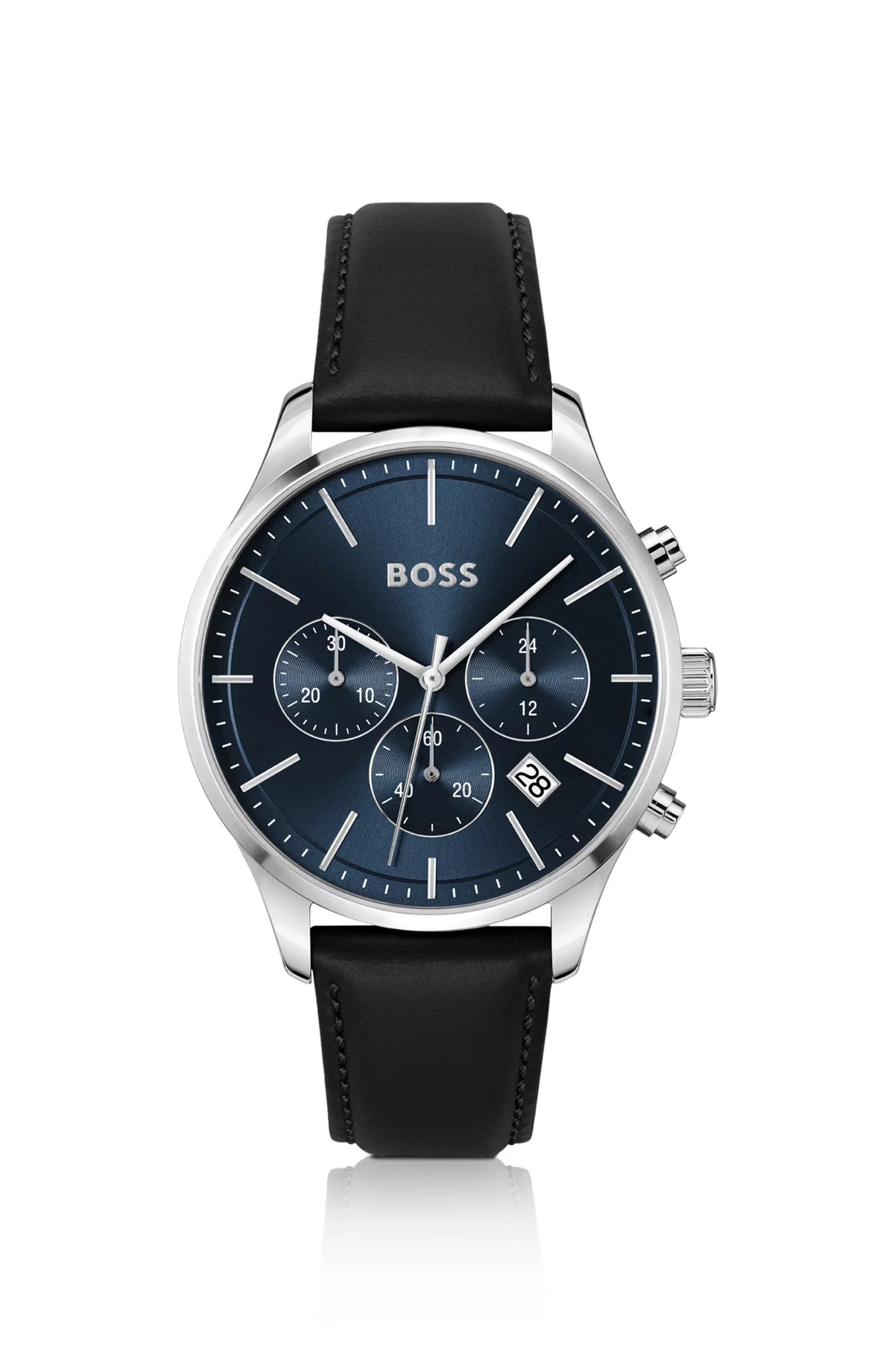 Leather-strap chronograph watch with blue dial