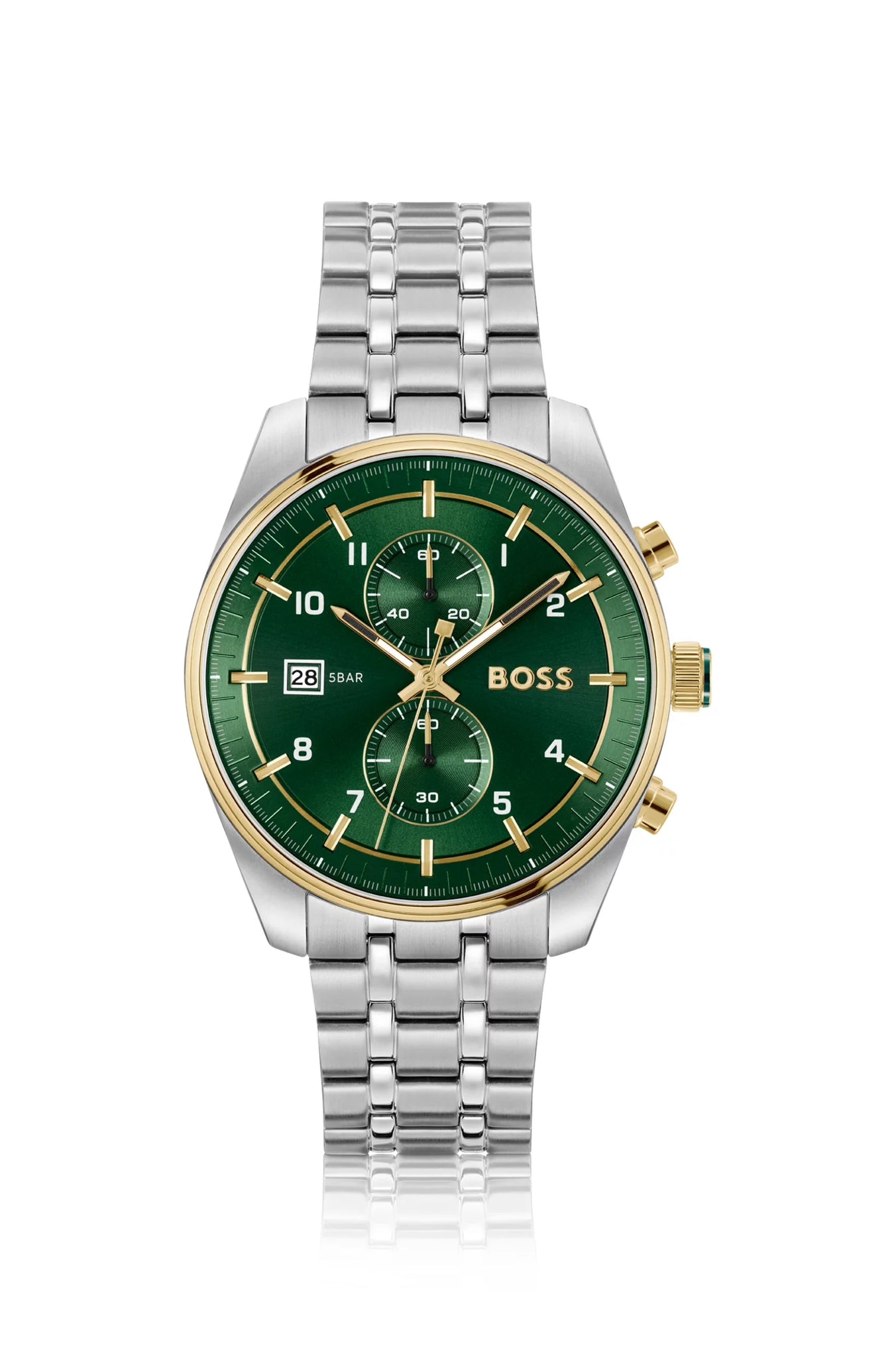 Two-tone chronograph watch with green dial